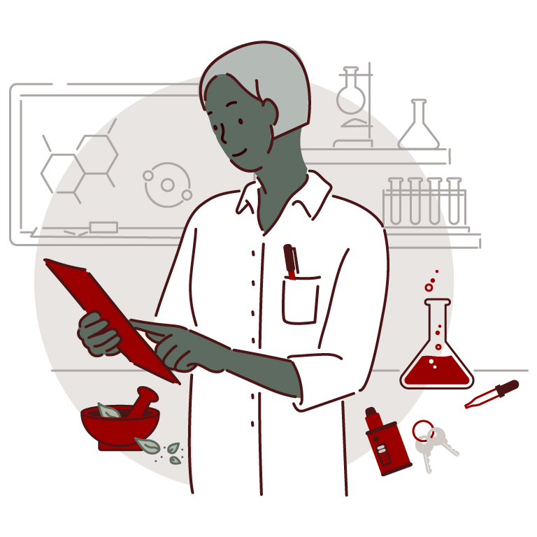 Illustration of an alchemist looking at a clipboard with lab equipment, mortar and pestle and flask in the background